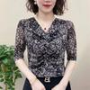 Summer Autumn Half Sleeved Bottoming Shirt for Women's New Fashion Print V-Neck Pleated T-shirt L-4XL