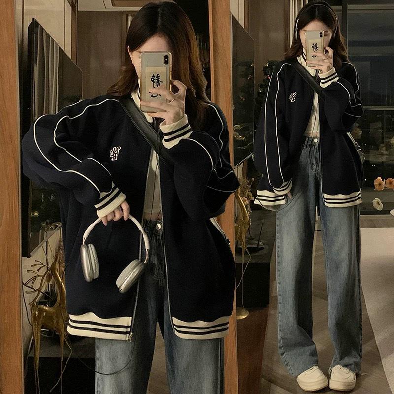 Women's Spring/Autumn Baseball-Style Stand-up Collar Jacket - Casual, Loose College Style Cardigan for Couples.