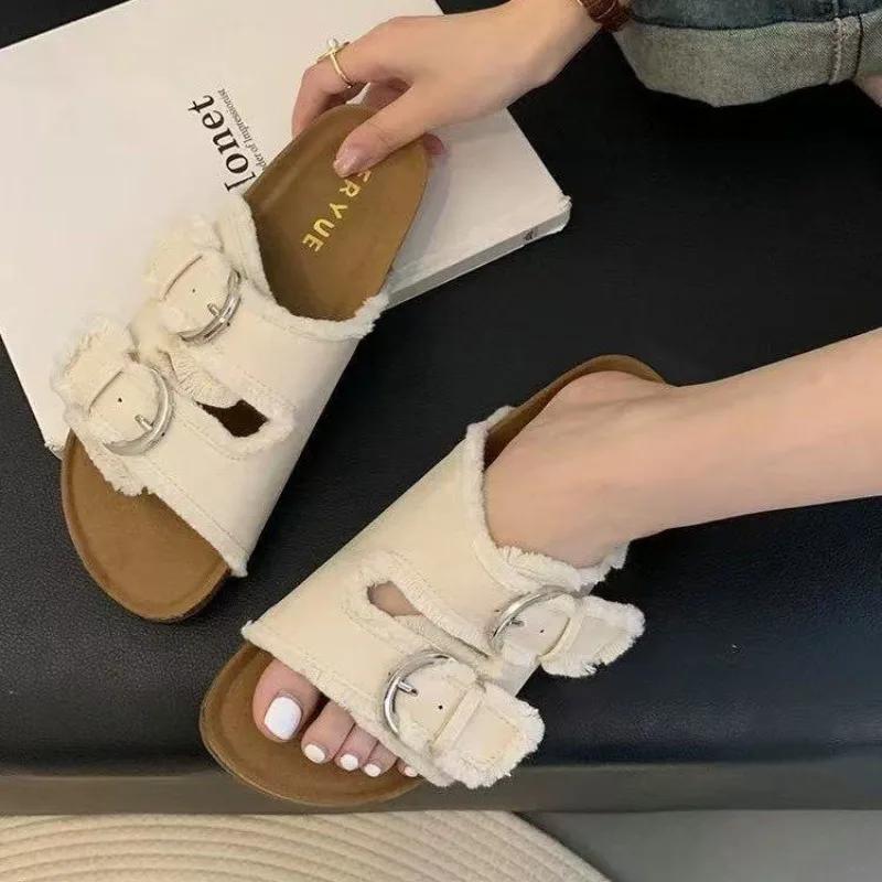 Französische Retro Gürtelschnalle Denim Hausschuhe Damen Quaste Lässige Flip Flops Damen Sommer Outdoor Urlaub Strandschuhe Damen Sanda