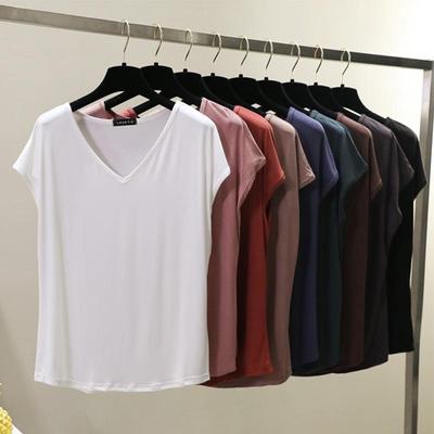 Maglietta basic con scollo a V tinta unita da donna, estiva, in modal, ampia, casual, da M a 2XL