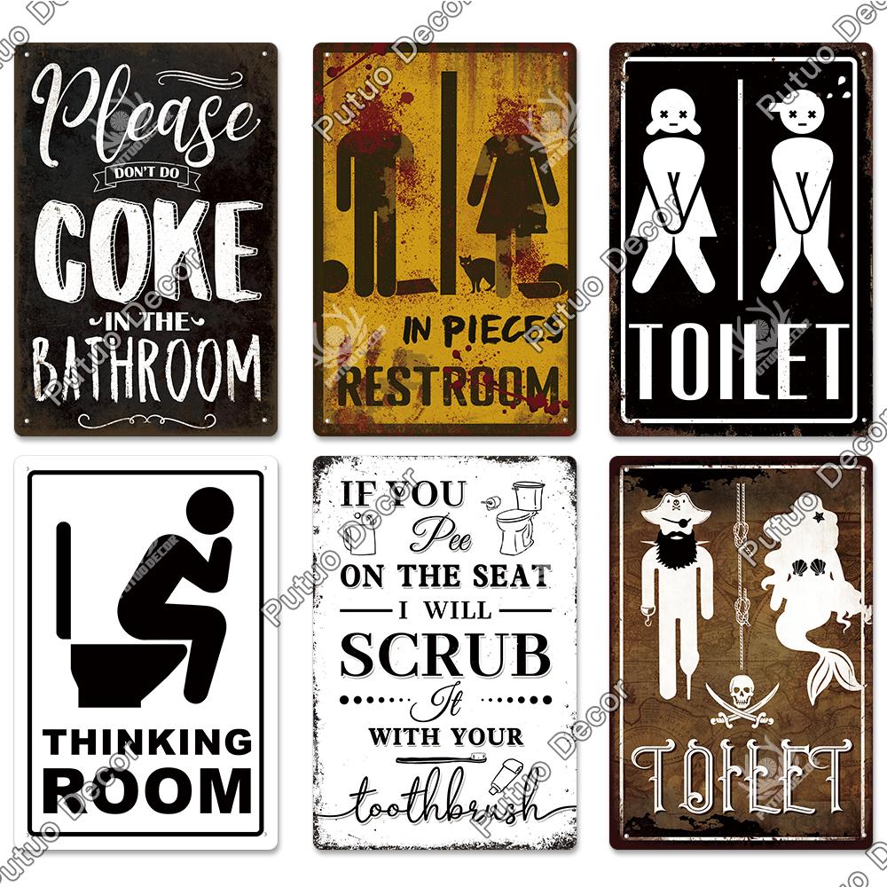 Putuo Decor Restroom Retro Tin Signs Vintage Bathroom Plaque Metal Plates Wall Art Posters Decoration for Toilet Iron Paintings