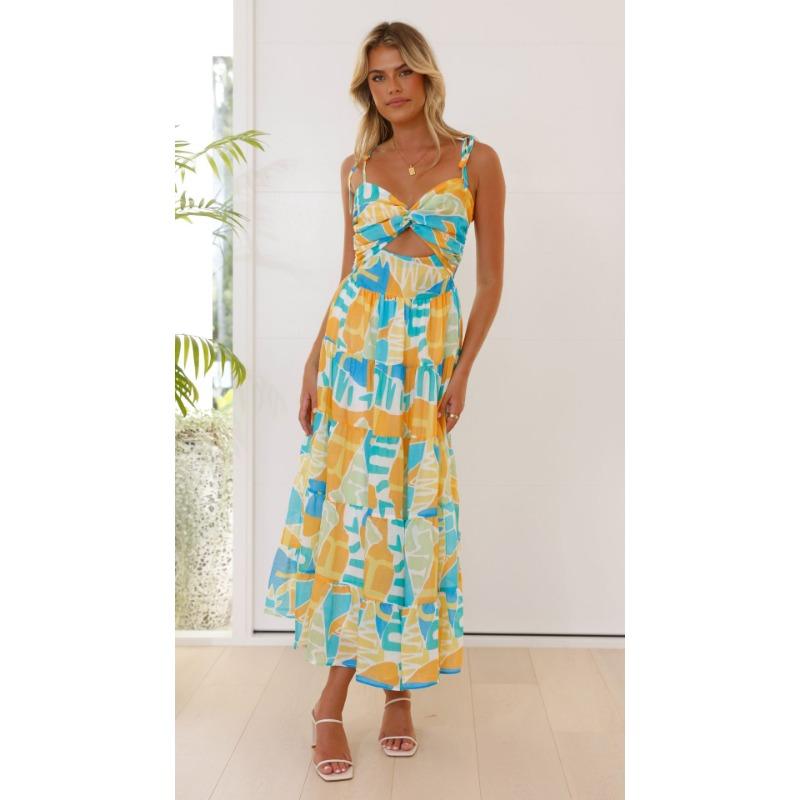 YYFS Dámská móda Léto Jaro Barevný blokový potisk Bez rukávů Ramínka Vysoký pas Ležérní šaty