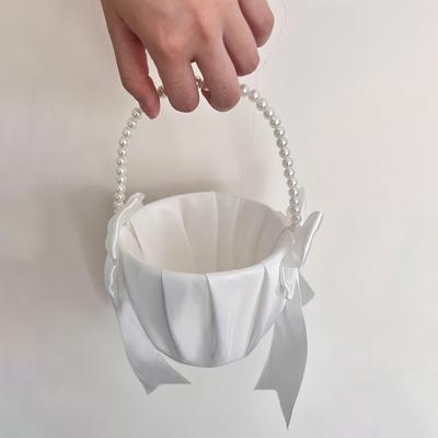 1pc White Flower Girl Basket, Faux Pearl & Bow Decor Wedding Flower Basket For Wedding Party