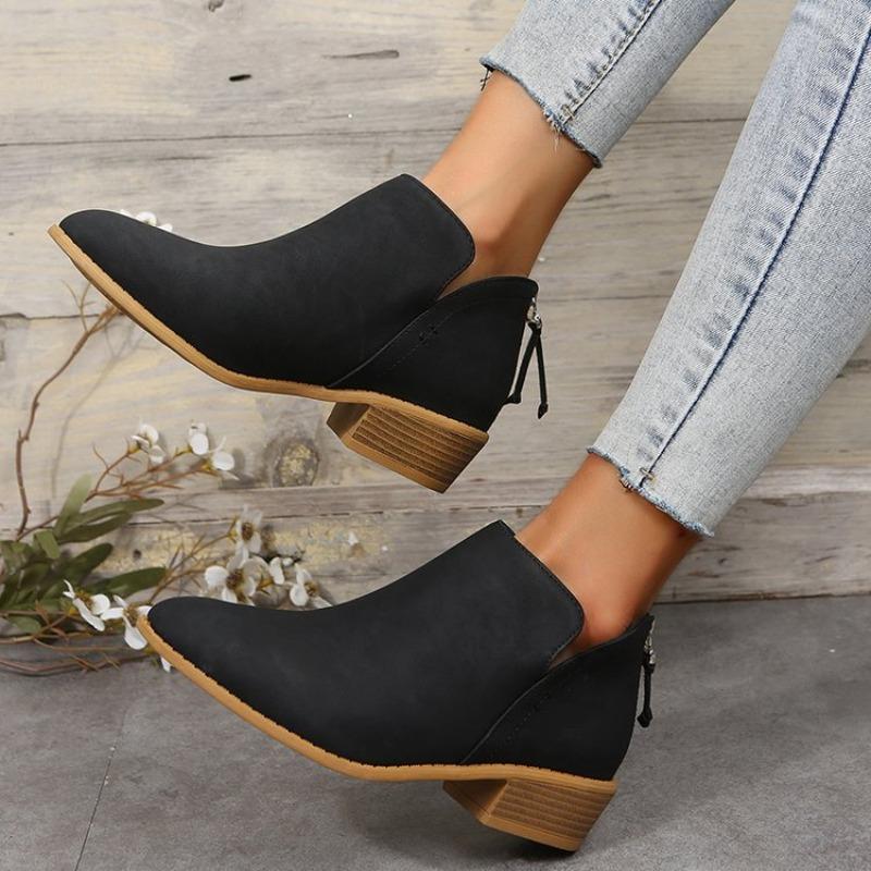 Cross-border Four-season Foreign Trade Large-size Women's Shoes British Style Solid Color Pointed Casual Rear Zipper Low-heeled Single Shoes Women