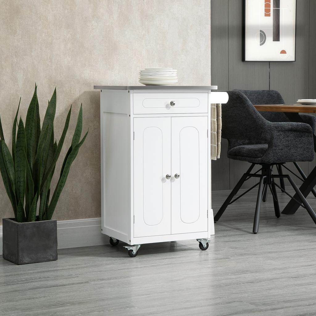 Serving Trolley Kitchen Cart on Wheels Multi-Storage 1 Drawer 2-Door Cupboard with Shelf Towel Rack White MDF Stainless Steel