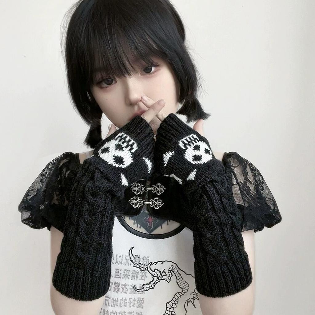 Y2K Punk Harajuku Skelett Gothic schwarze gestrickte plissierte Handschuhe gepaart mit Ärmelstulpen für winterliche Wärme