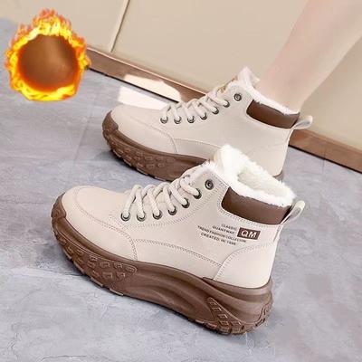 Winter Fleece Lined High Top Women's Sports Shoes Round Toe Padded Flat Bottom Casual Style Rubber Sole Comfortable Cotton Shoes