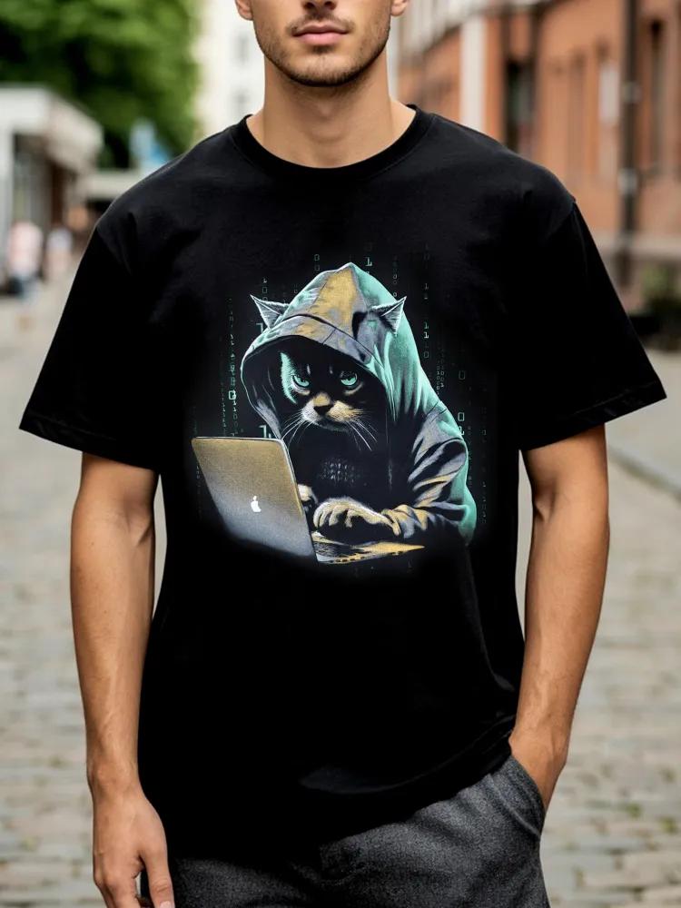 

2025 Hacker T-shirt Hacker Cat graphic t shirts Unisex Casualcotton Vintage round neck Men Women Streetwear Tees Short Slee... S разноцветный