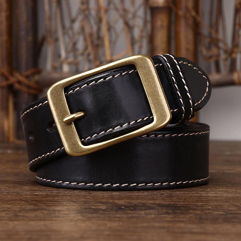 Handmade Retro Thick Thread Decoration Thickened First Layer Vegetable Tanned Leather Belt Men'S Genuine Leather Pin Buckle Versatile Casual Belt Men'