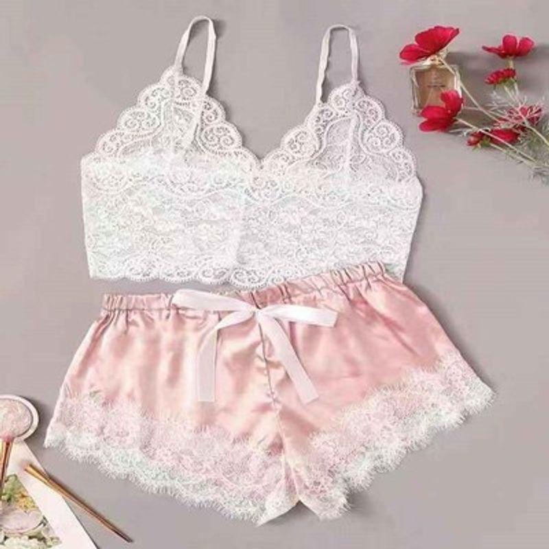 

Ladies Two-Piece Pajamas with Suspen Sexy Sling Ultra-Thin Pajamas Two-piece Set Shallow powder XL