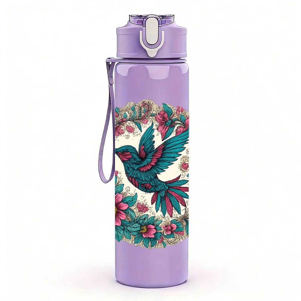 1PC Folk Bird Floral Circle 750ml Color Plastic Sports Water Bottle Leakproof Flip Straw Lid Suitable for Sports Office Home Use