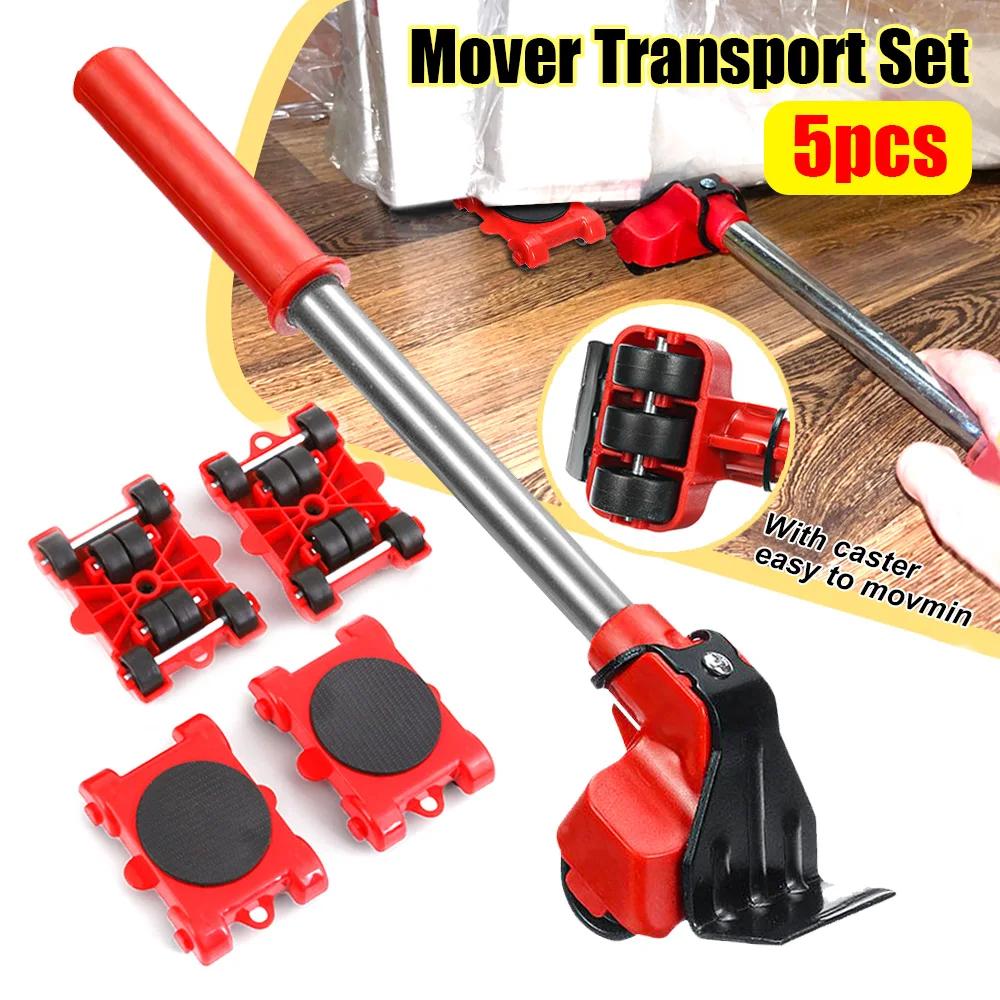 Set da 5 Pezzi Sollevatore Mover per Mobili Duty con Barra a Ruote Dispositivo di Movimento Ausilio per Sollevare Mobili