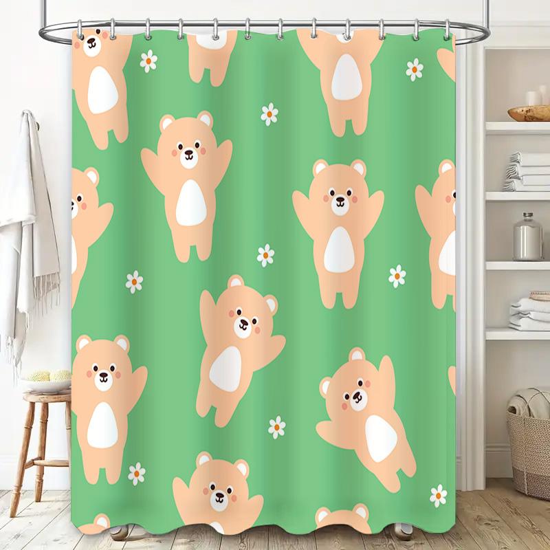Adorable Cartoon Animal Print Shower Curtain for Bathroom Decor Kids Room Decoration in Green with Bears Design