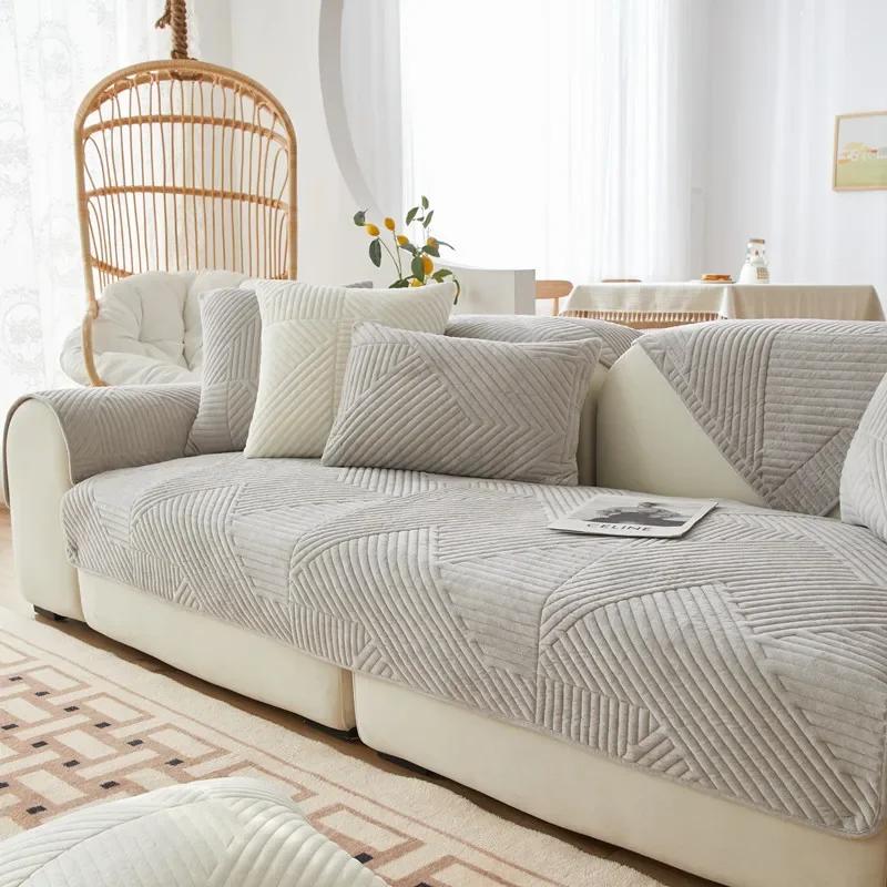 Tykk plysj Sofatrekk Geometriske Striper Sofa Håndkle Anti-skli Kombinasjon Sofa Pute Sliptrekk for stuebeskyttelse