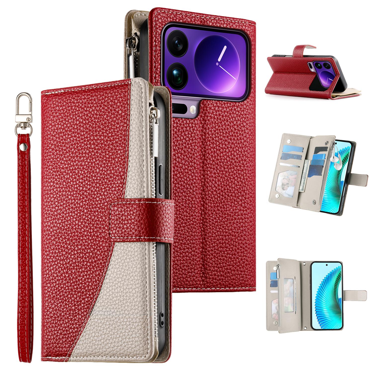 

For Xiaomi 17 Pro Max Case Zipper Wallet Color Splicing Leather Flip Phone Cover with Straps