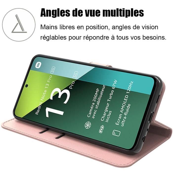 Coque - E.F.Connection - pour Xiaomi Redmi Note 13 Pro 5G - Antichoc - Cuir PU - Rose - avec 2 Verres Trempés