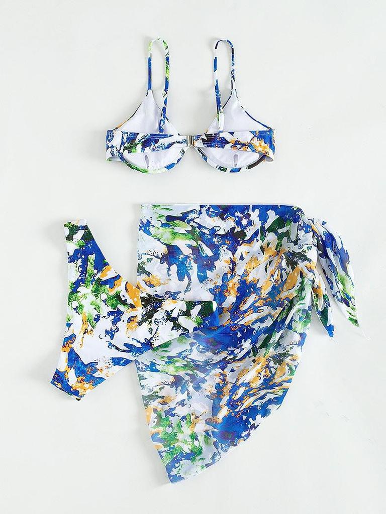 2025 European & American Three-Piece Print Bikini Set with Underwire & Half Skirt