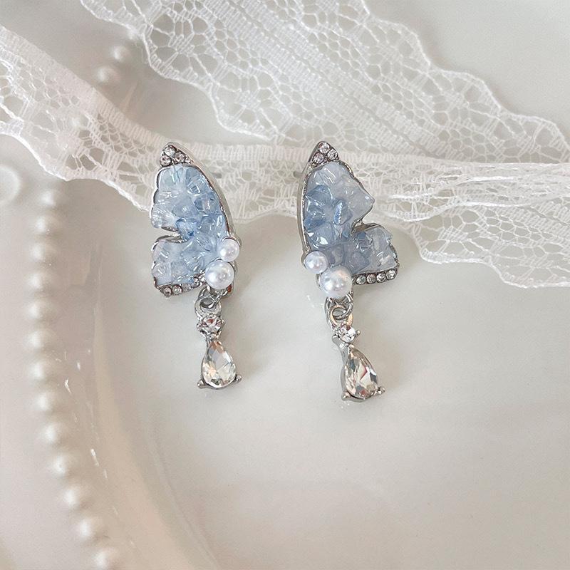 

Elegant Gradient Blue Pearl Butterfly Earrings - High-End, Versatile French-Style Luxury Ear Studs