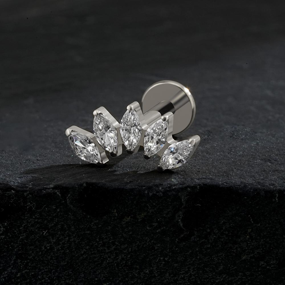 Right Grand ASTM F136 Titanium 5 Marquise CZ Crown Cartilage Earring 16G Cluster CZ Flat Back Helix Stud Nose Piercing Jewelry