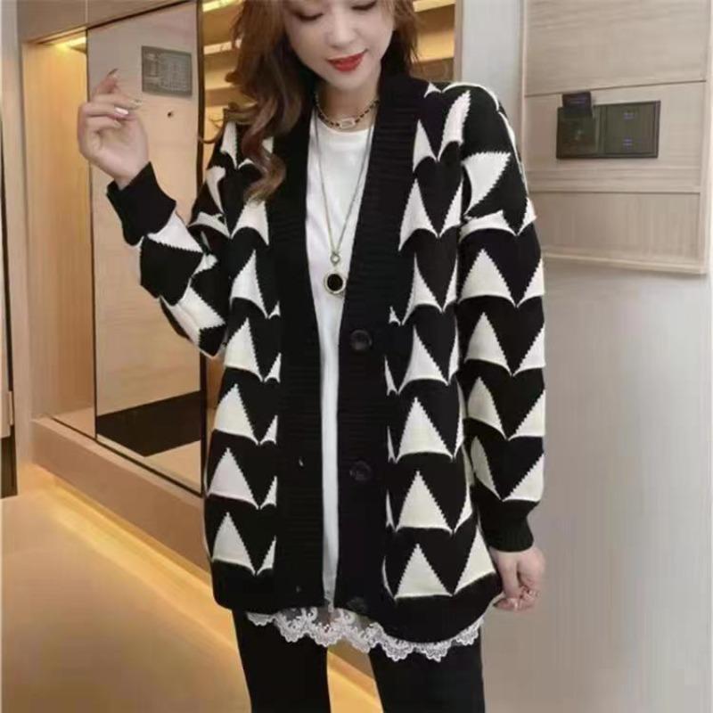 

Весенняя и осенняя верхняя одежда, женский вязаный кардиган с напуском, свободный чехол на живот, черно-белый свитер с накладным рисунком лингча, женский топ