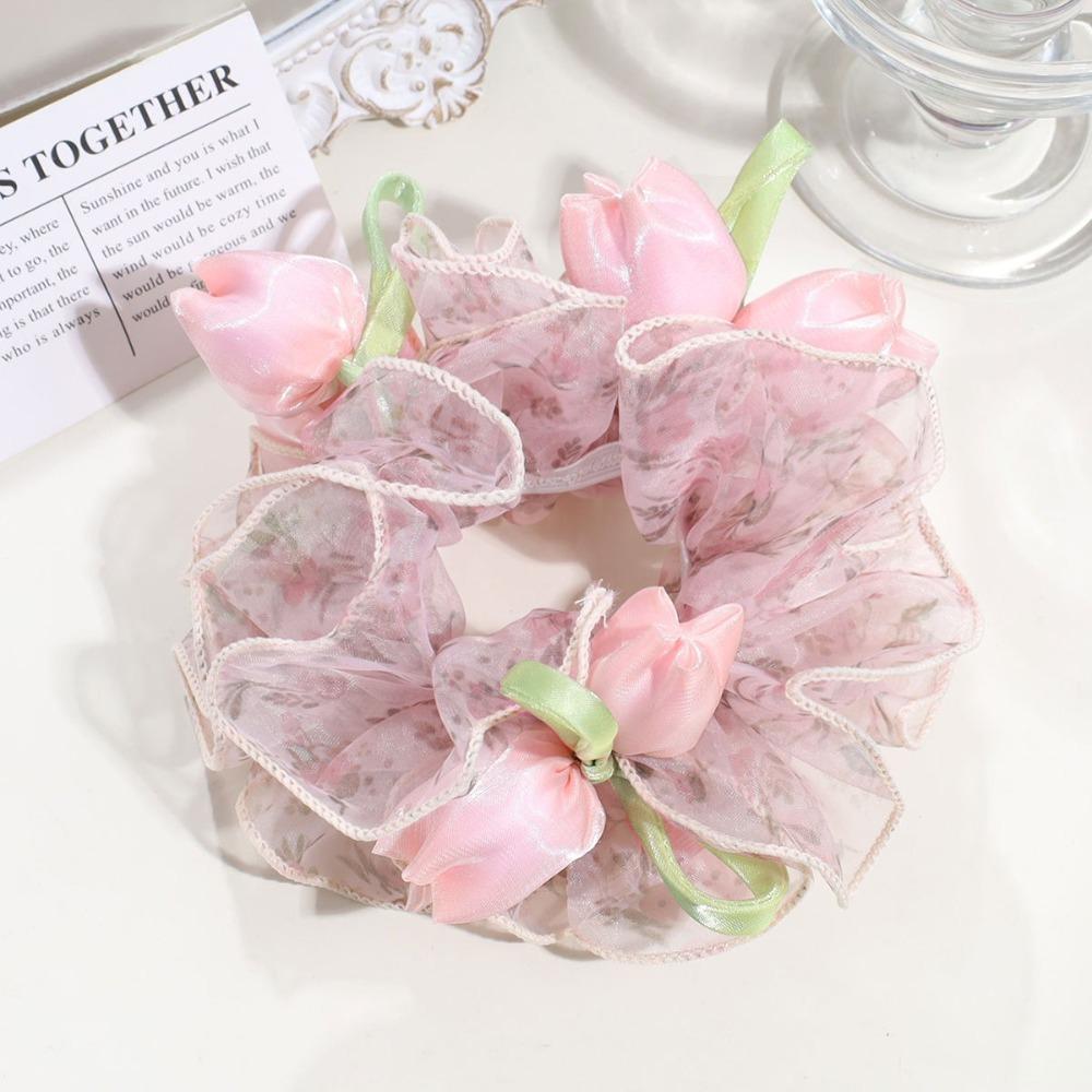 Sweet Cute Floral Mesh Scrunchie Ruffled Sheer Tulle French Romantic Ponytail Hair Accessories Sweet Dot Mesh