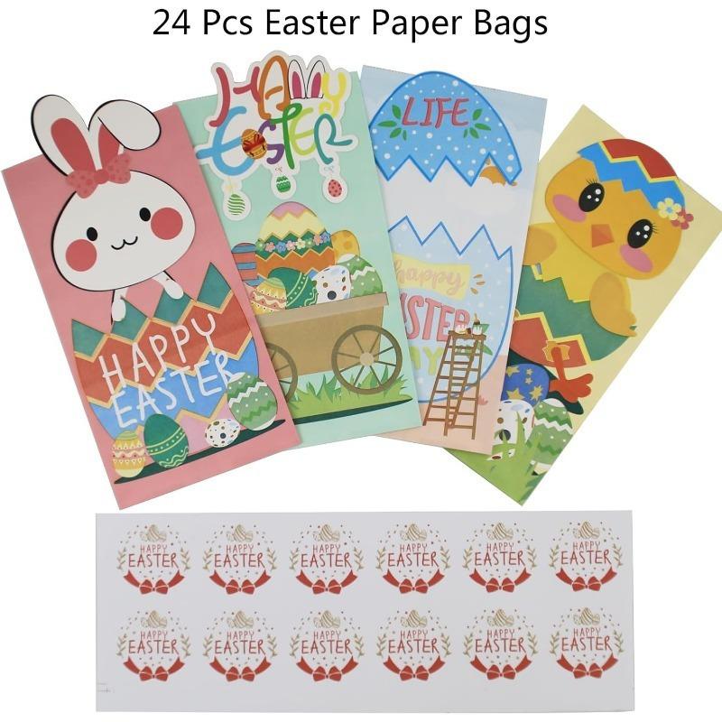 

24 шт. Пасхальные бумажные пакеты, 24 шт. Пасхальные наклейки, Пасхальные пакеты для сладостей, принадлежности для вечеринок для классов, подарки для вечеринок, крафтовые праздничные пакеты для сладостей. Pack of 24
