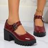 Mary Jane Women's Shoes High Heels Fashion Patent Leather Single Shoes Casual Belt Buckle Pumps Round Head Platform Loafers