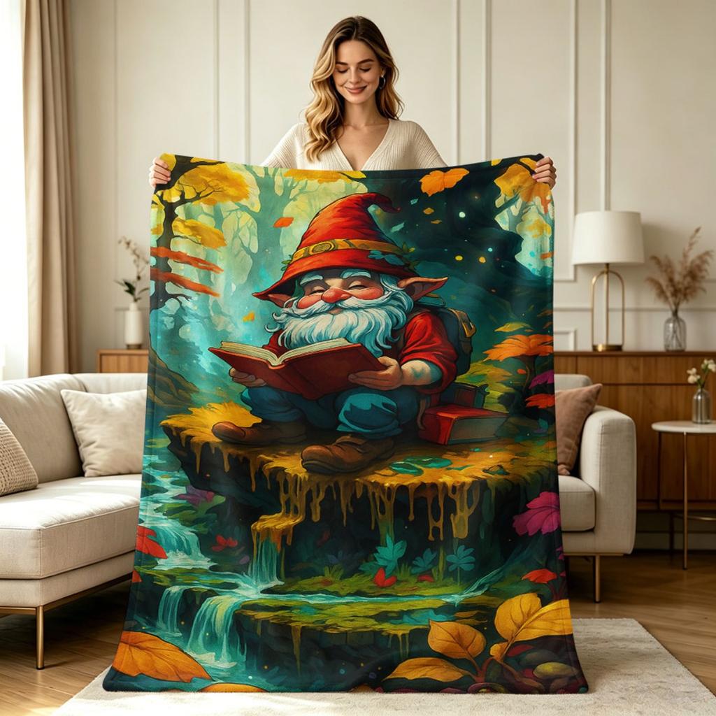 All Season Flannel Blanket with Forest Gnome Reading Book Print Soft Warm Throw Blanket for Couch Sofa Living Room Bedroom Office Home Decor