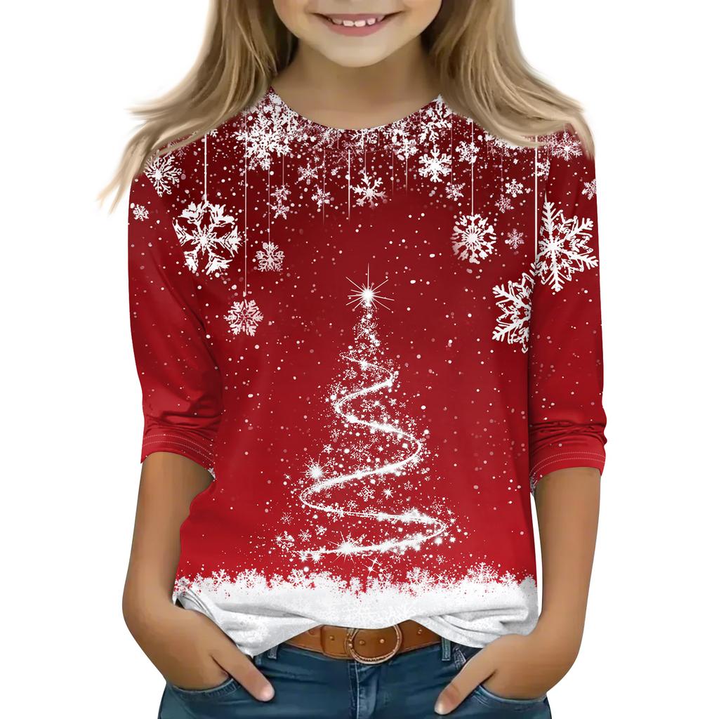 Christmas Day Print Tops For Youth Girls 4-11 Years Round Neck 3/4 Sleeves T-Shirts Trendy Tops Outfit Tees