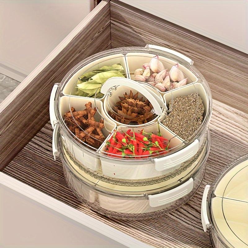 Divided Rotating Serving Tray with Lid and Handle, Portable Snackle Box for Fruits Snacks Veggie Charcuterie, Clear Snack Spinne