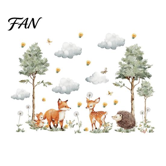 Self Adhesive Wall Murals for Baby Room Watercolor Forest Animals Stickers, Cute Fox Deer Hedgehog PVC Waterproof Decals, Theme Art Children