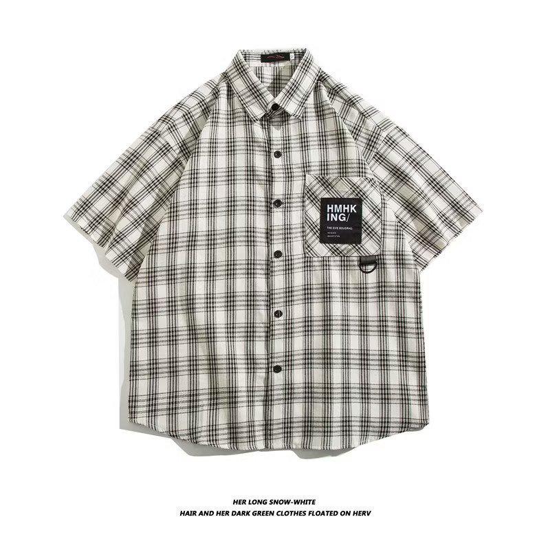 Trendy Men's Japanese Plaid Five-Point Sleeve Shirt for Summer