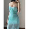 Mint Green Mesh Suspender Dress Women's Summer Resort Beach Dress Slim Fit Mermaid Hip Length Skirt