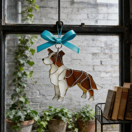 Colorful Dog Acrylic Suncatcher Stained Glass Corgi/Bulldog/Chihuahua Ornament Window Christmas Tree Hanging Decor with Bow Holiday Gift for Dogs