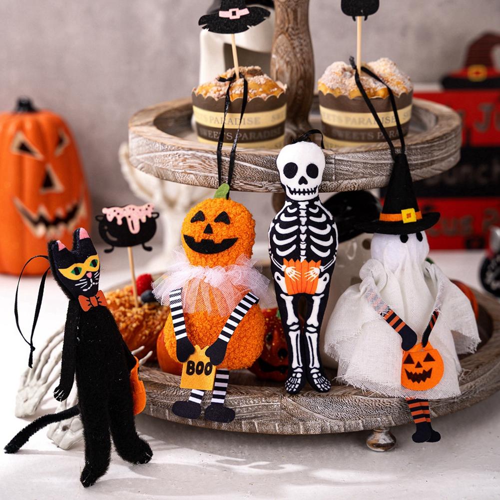 4PCS Halloween Hanging Pendant Pumpkin Black Cat Ghost Skull Horror Doll Ornament Outdoor Home Party Halloween Decoration