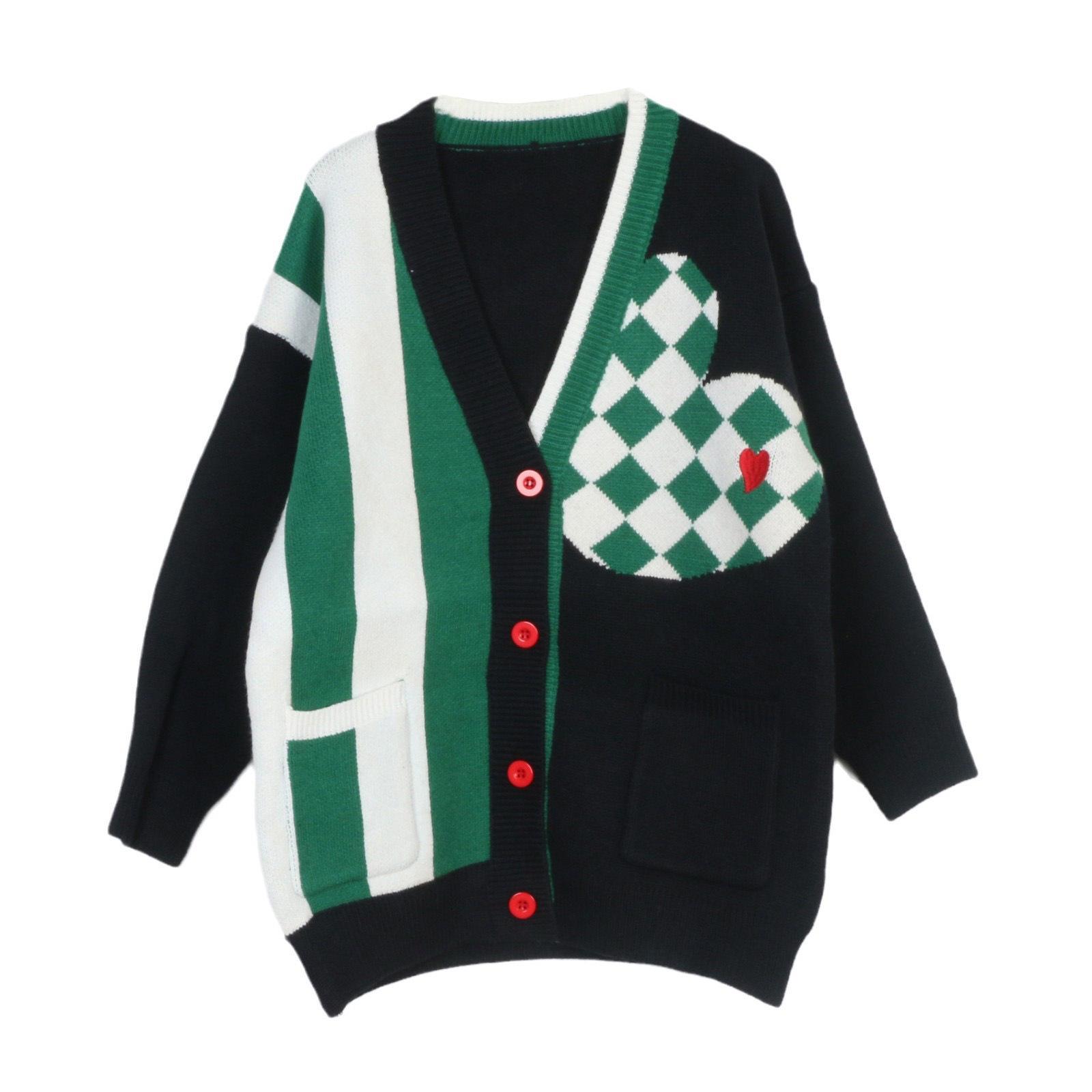 

Европейский и американский женский кардиган в стиле пэчворк с вышивкой в виде сердец - Осенне-зимний вязаный свитер свободного кроя Large