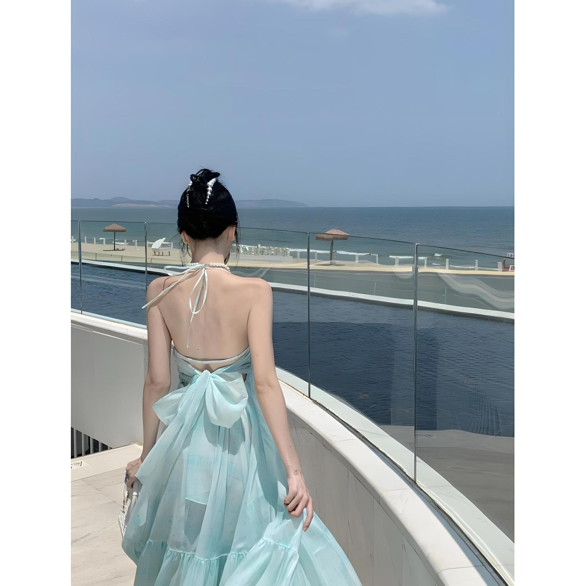 

Французское платье-слинг на шею фото женское лето высокое чувство темперамент морской отдых фея длинная юбка XL- (recommended 110-60kg)