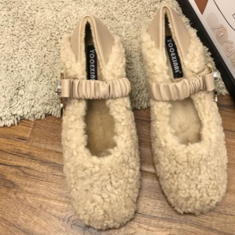 Women's Thick Heel Cotton Shoes Winter New Square Head Shallow Mouth Suede Crystal Buckle Non-slip Low-top Shoes