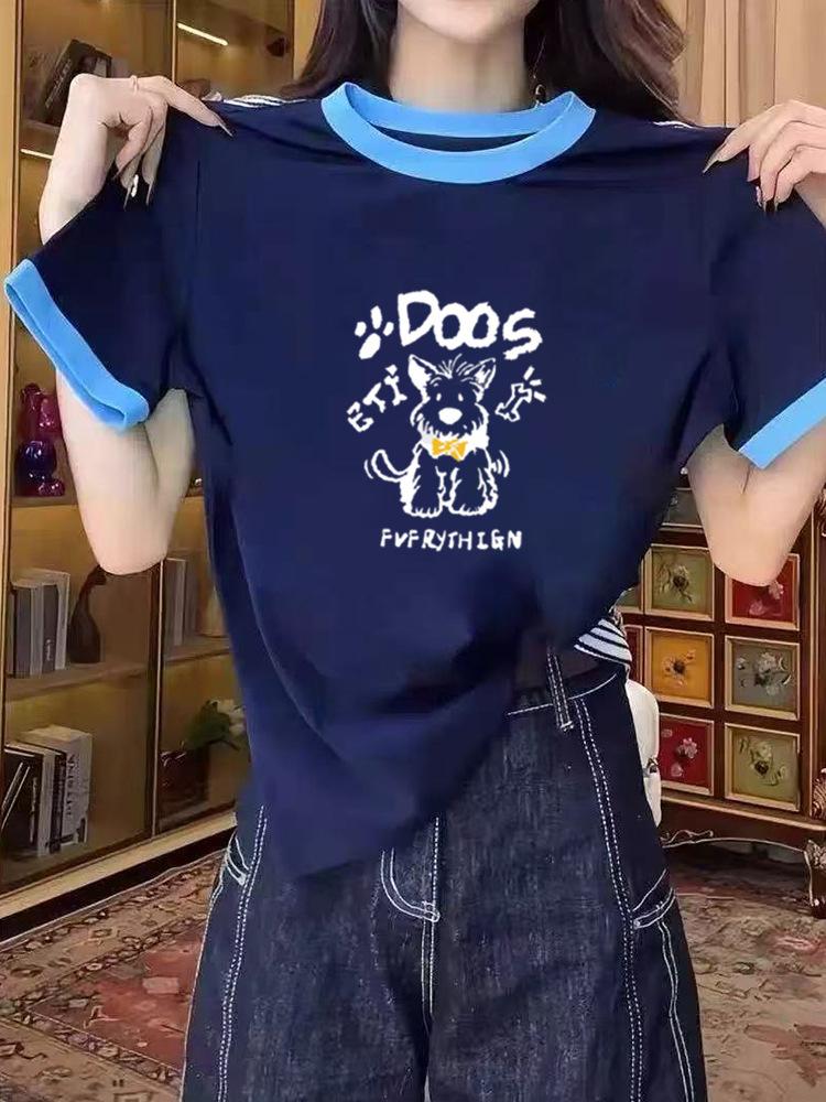 Summer new cartoon cute puppy print design short-sleeved T-shirt women s casual versatile color matching design top S