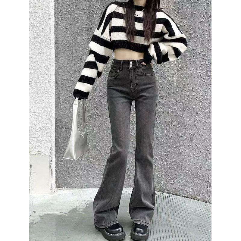 

Women s High-Waist American Vibe Stretch Flared Jeans - Small Size, Loose Slim Fit, Floor-Length for Spring and Autumn M (97-108 pounds)