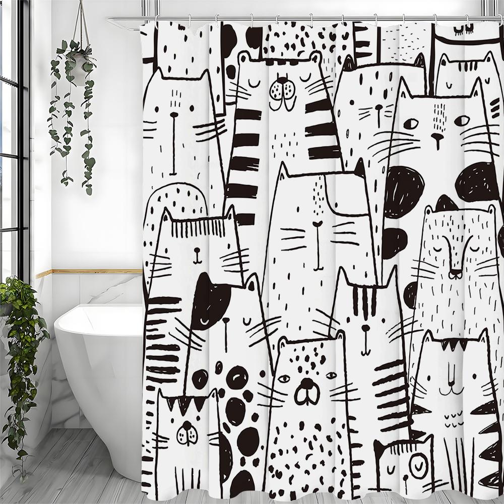 Black Line Quirky Cat Shower Curtain, Bathroom Decorative Shower Curtain, Waterproof Shower Curtain with Hooks