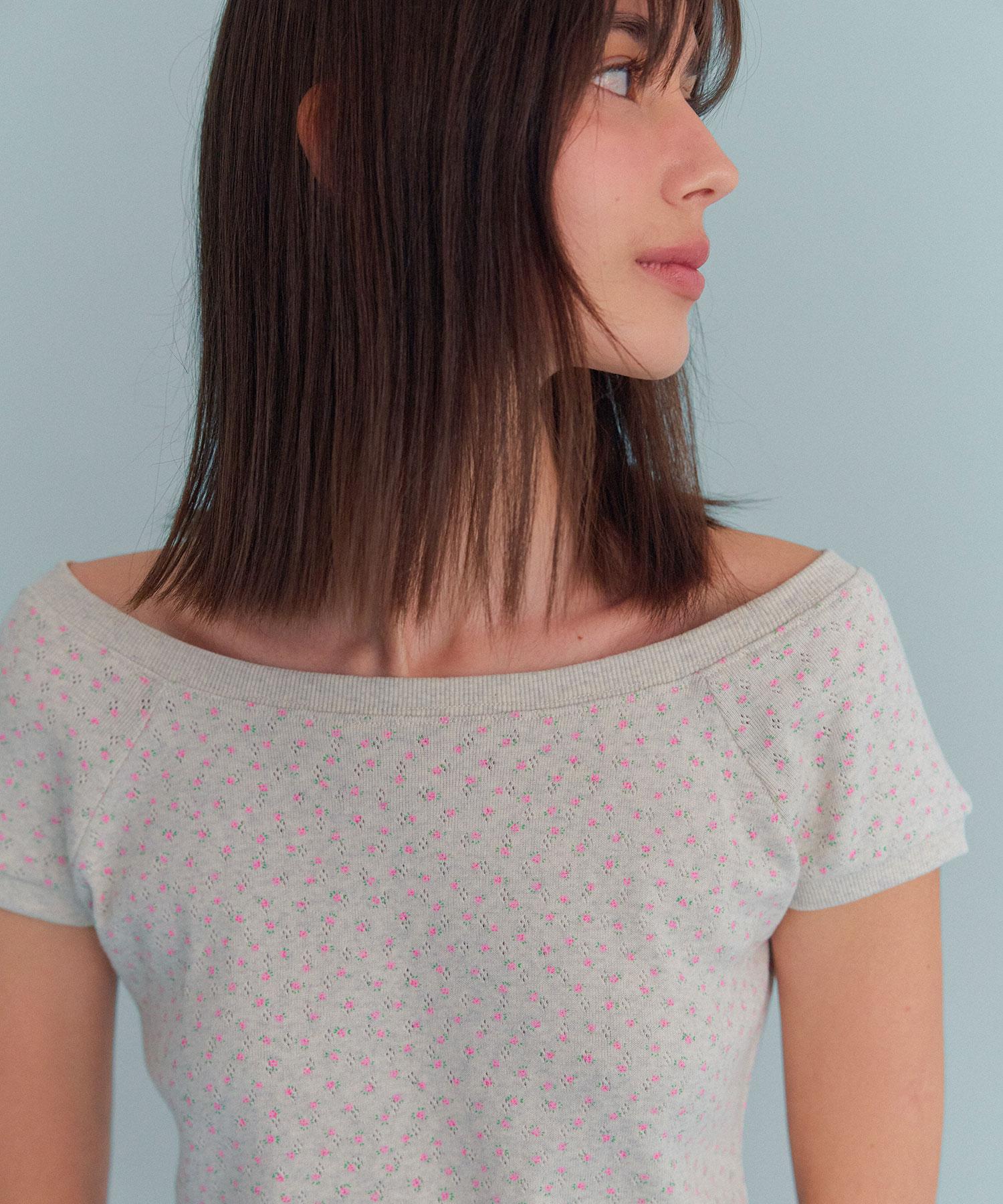 Navy Boat Neck Sweatshirt (Floral Pointel) Oatmeal
