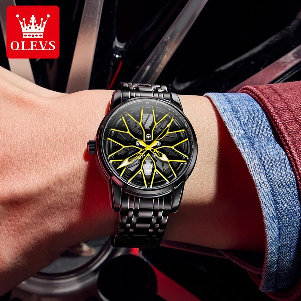 OLEVS Relógio de Pulso Masculino de Quartzo com Mostrador Rotativo 360° Fashion Roda Cubo de Roda Aro Carro Esportivo Aço Inoxidável à Prova d'Água