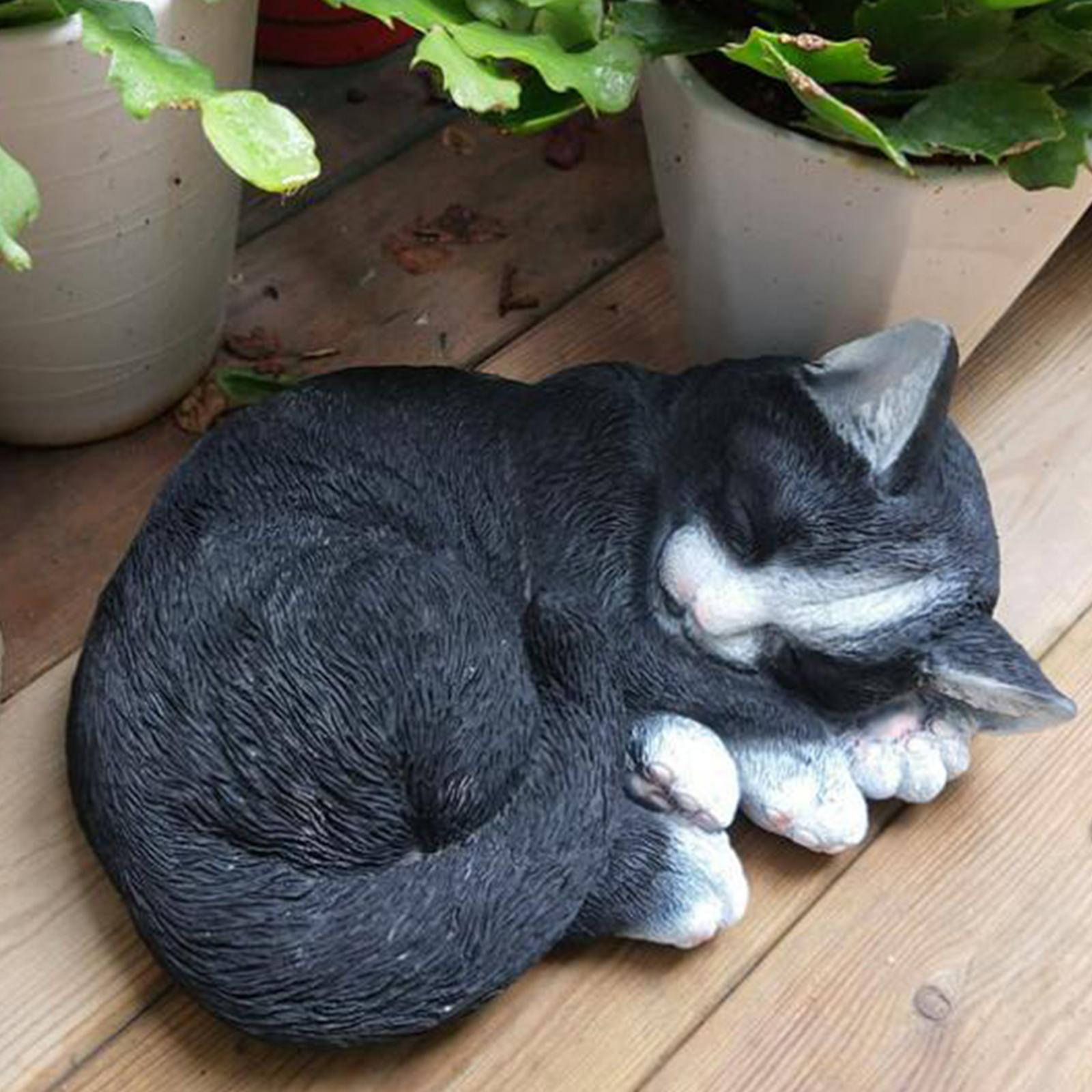 Прекрасная миниатюрная статуэтка спящего кота Ландшафтные фигурки Мини-животные Арт-поделки Скульптура для Декора Патио Газона Двора Украшение чёрный