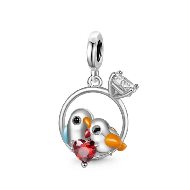 NEW Fine S925 Silver Pink Glass Flamingo Dangle Bead Pendat Fit Original  Bracelet Jewelry Shiny Colored Zircon Bird Charm