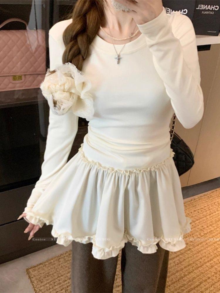 Korean Style Sweet Lace Hem Long Sleeve Women's Slimming Autumn T-shirt