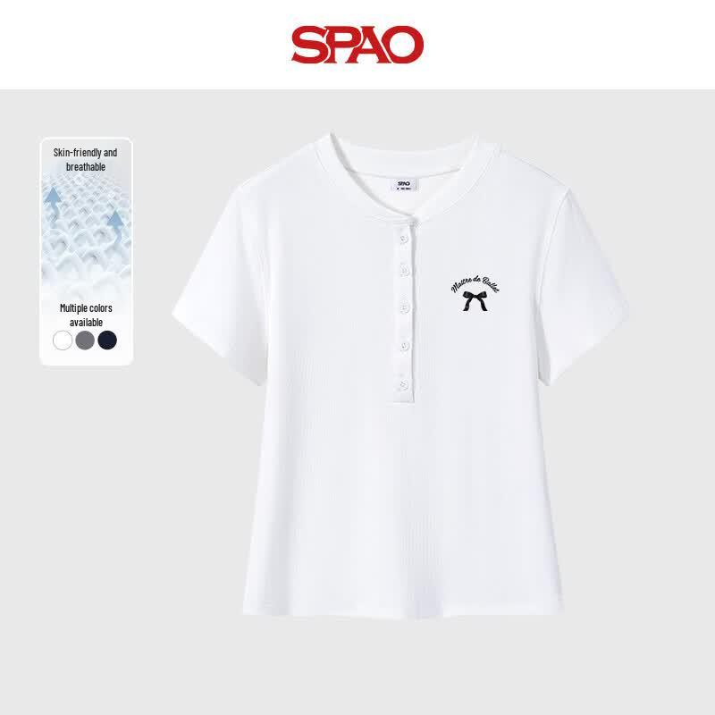 SPAO Women s Slim Fit Henley Short Sleeve T-shirt with Leather Bow L