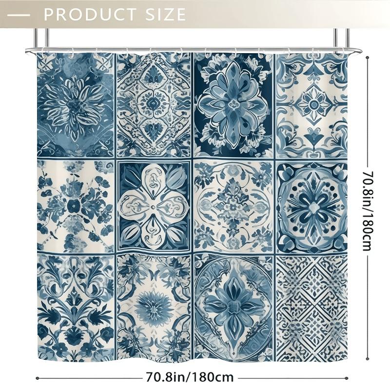 Blue and White Patchwork Tile Shower Curtain  - Durable Polyester, Easy Clean, Ideal for Bathroom & Bathtub Decor