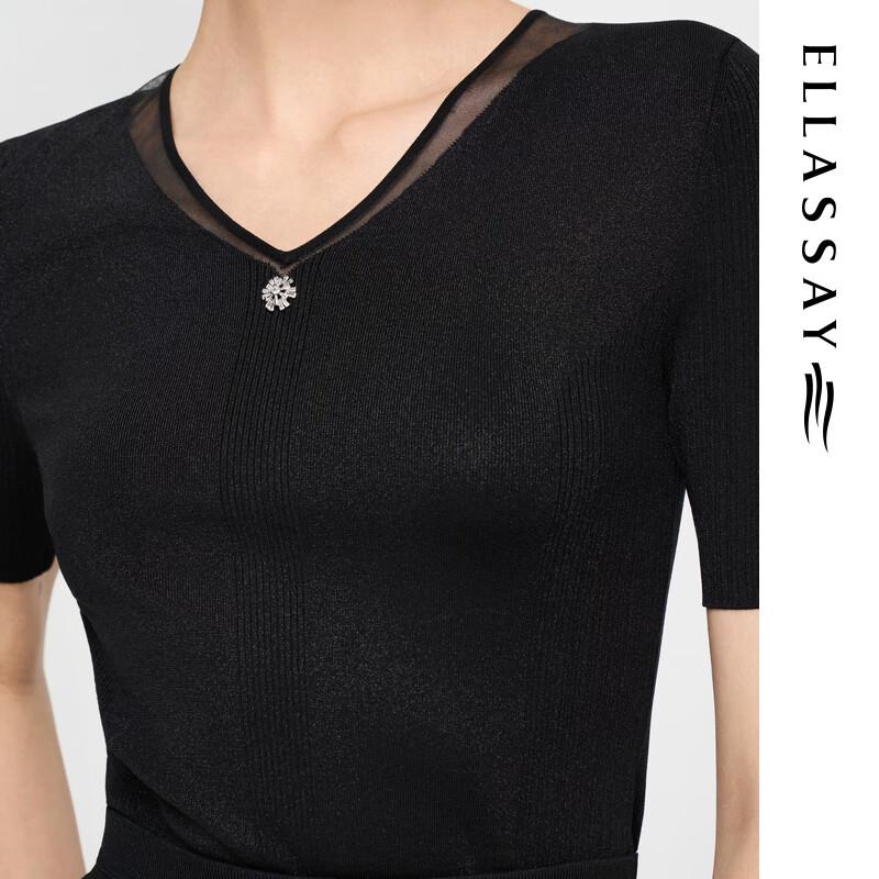 ELLASSAY Women's V-Neck Slim Fit Short Sleeve Knit Top