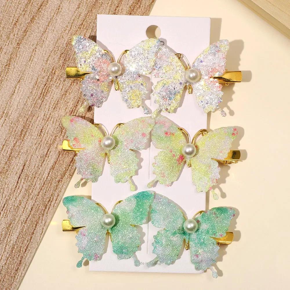 6 Stück/Set Bunte Glitzer Schmetterling Perlen Haarspangen für Frauen Mädchen Süße Haarspangen Haarnadeln Regenbogen Kopfschmuck Haarschmuck